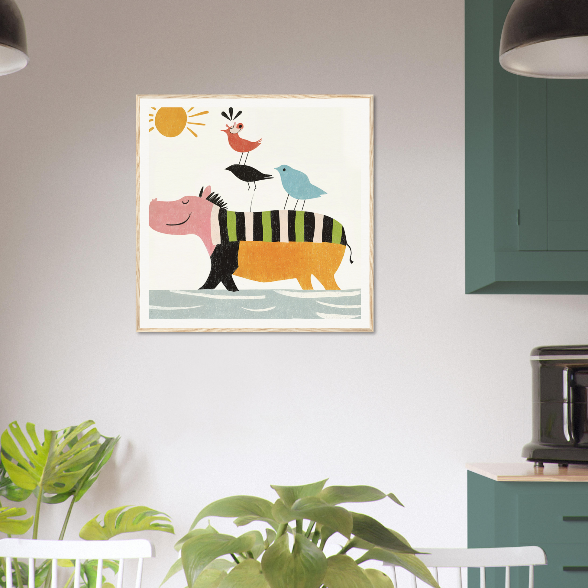 Whimsical art print of a hippo with birds on its striped back in Aesthetic Animal Symphony