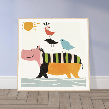 Whimsical illustration of a striped hippo with birds on its back in Aesthetic Animal Symphony