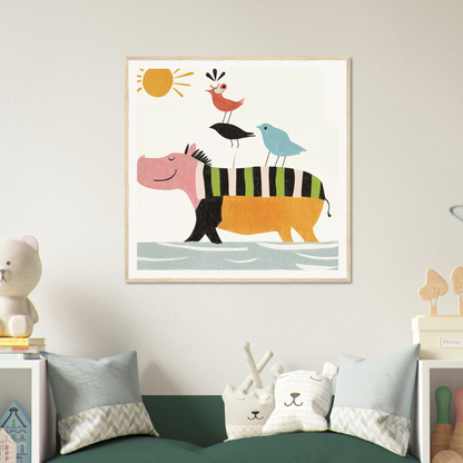 Whimsical striped hippopotamus with colorful birds on its back in Aesthetic Animal Symphony