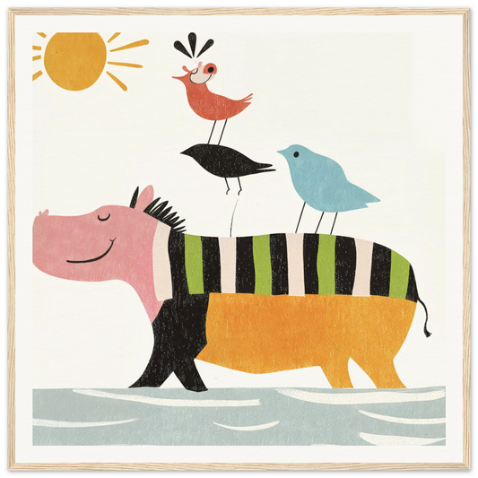 A pink striped hippopotamus carrying three birds on its back for Aesthetic Animal Symphony