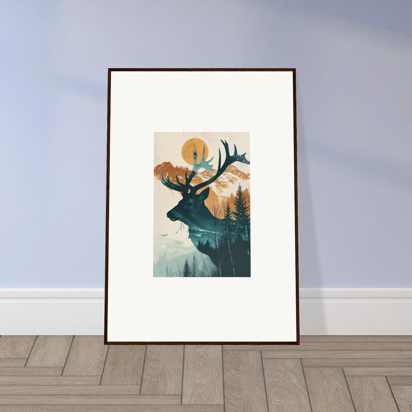 Framed canvas print of a deer silhouette with a forest sunset for Mirage Visions room decoration