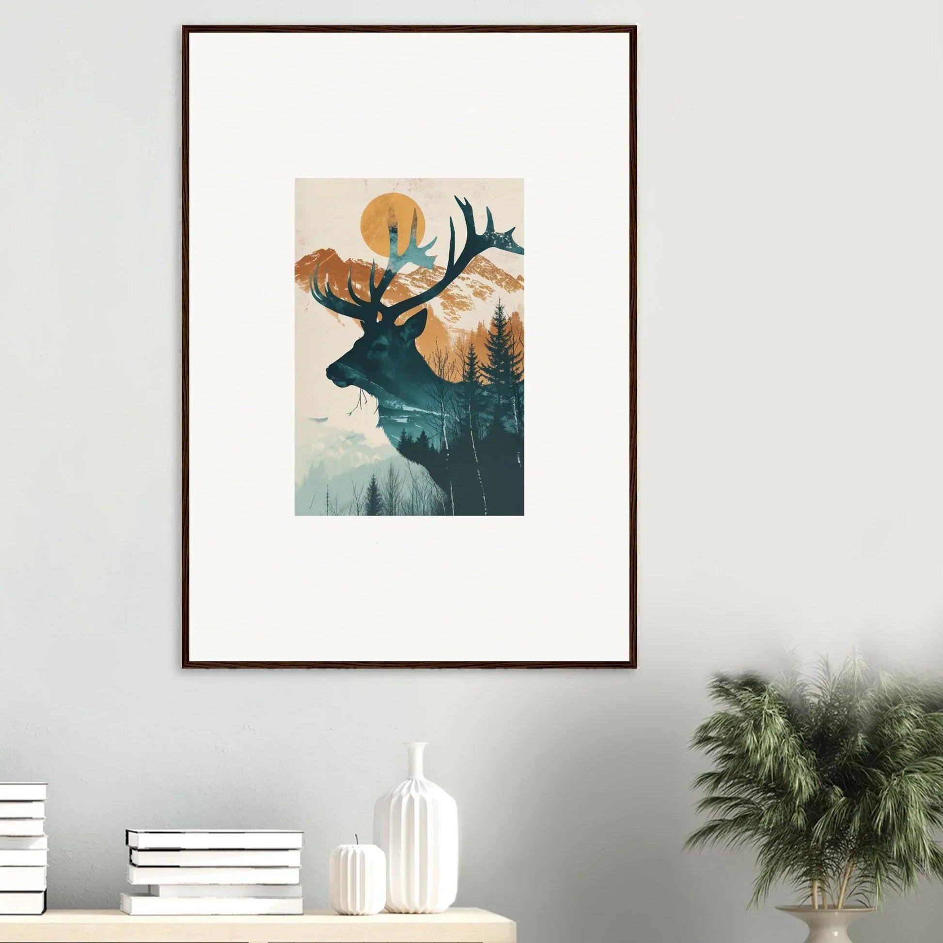 Framed deer silhouette canvas print from Mirage Visions perfect for room decoration