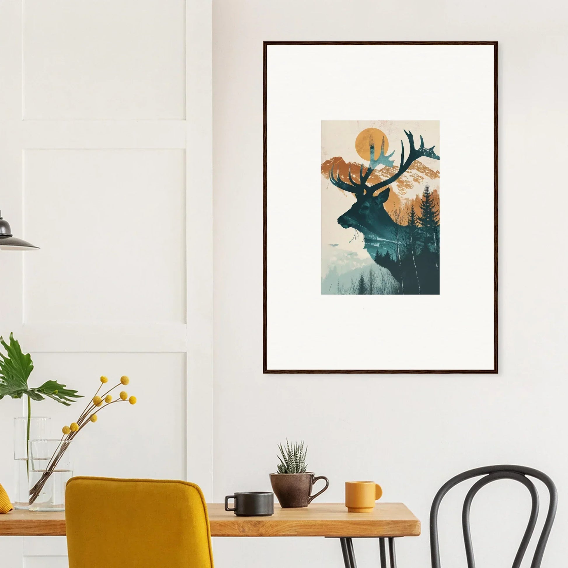 Framed canvas print of a deer silhouette filled with nature scenes for room decoration