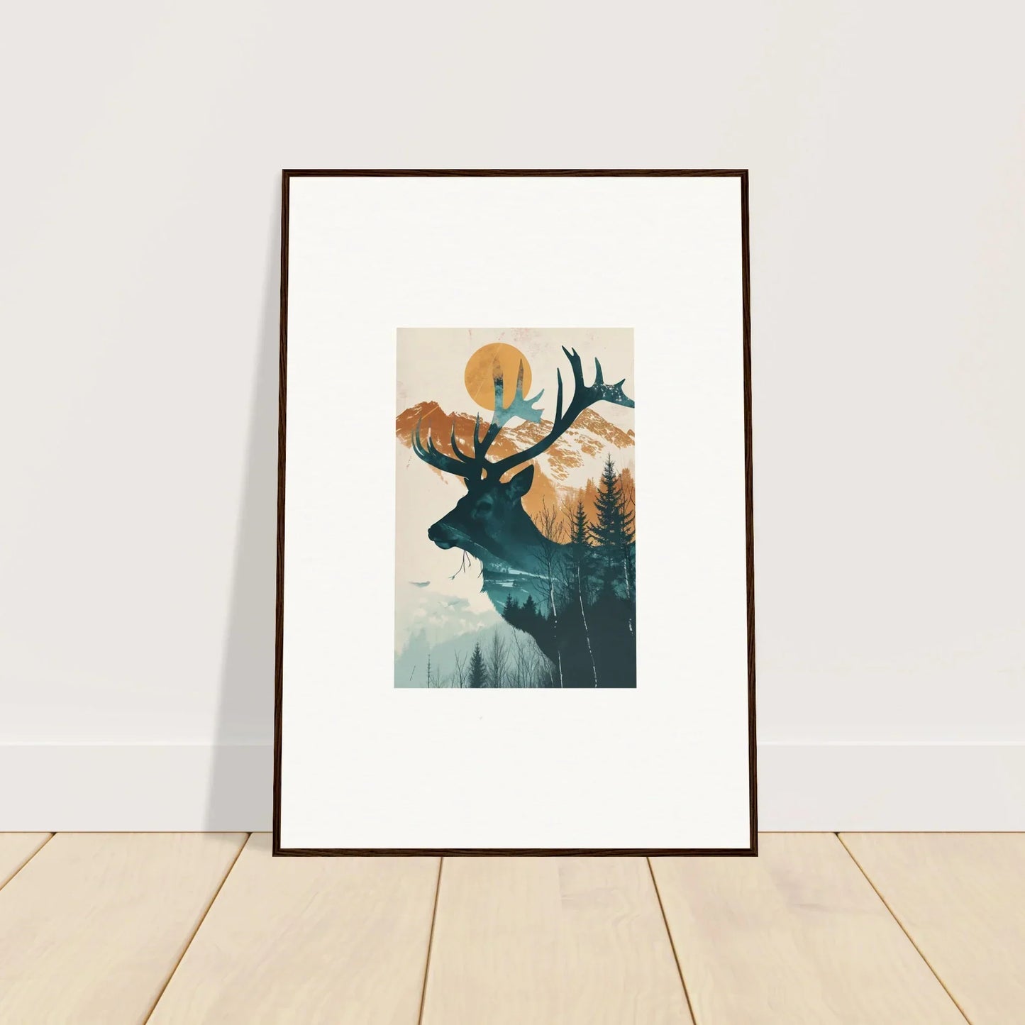 Framed canvas print of a deer silhouette with nature scene for cool room decoration