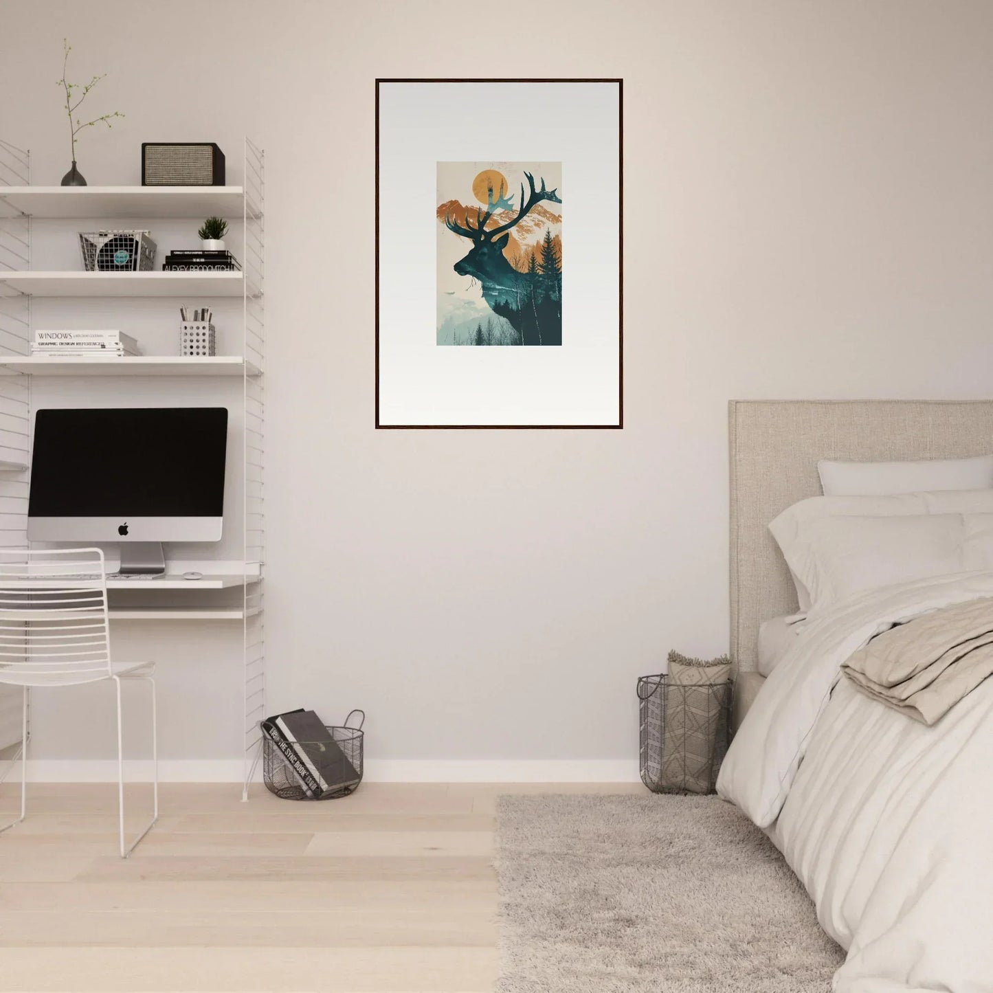 Stylized deer canvas print with circular elements, perfect for Mirage Visions room decoration