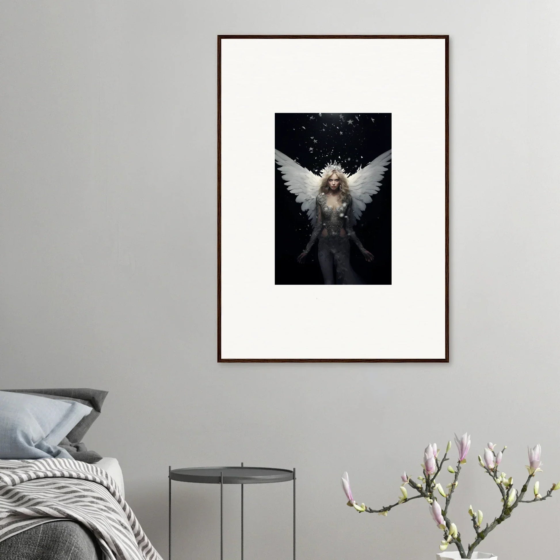 Framed wall art of an angelic figure symbolizes emotion surge for stunning room decor