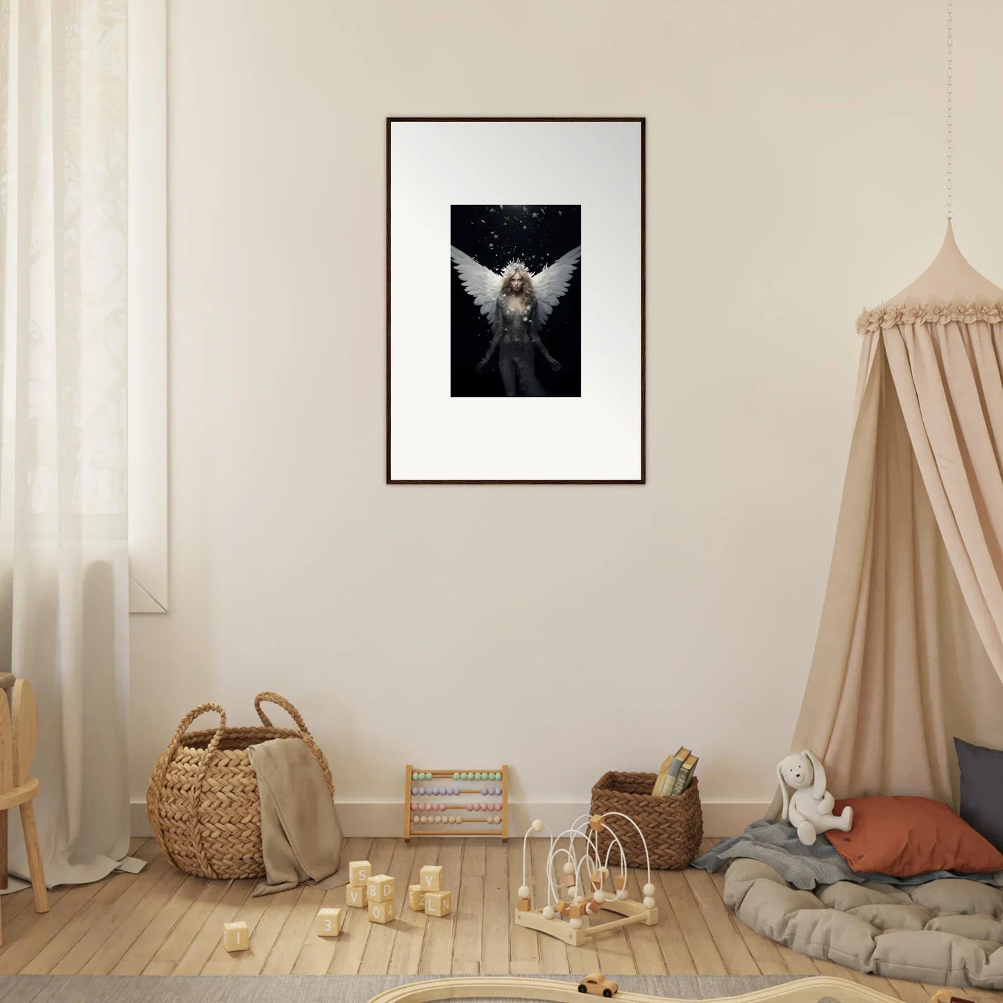 Framed wall art of an owl with spread wings for a celestial emotion surge in room decor