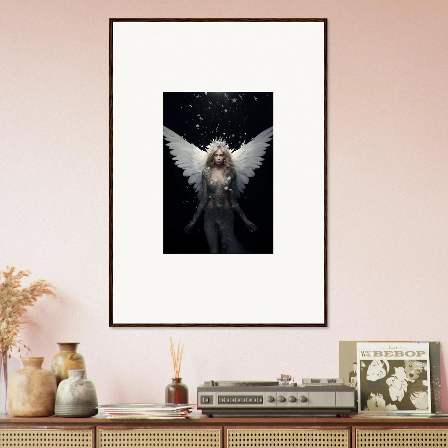 Framed wall art of an angelic figure evokes emotion surge in room decor