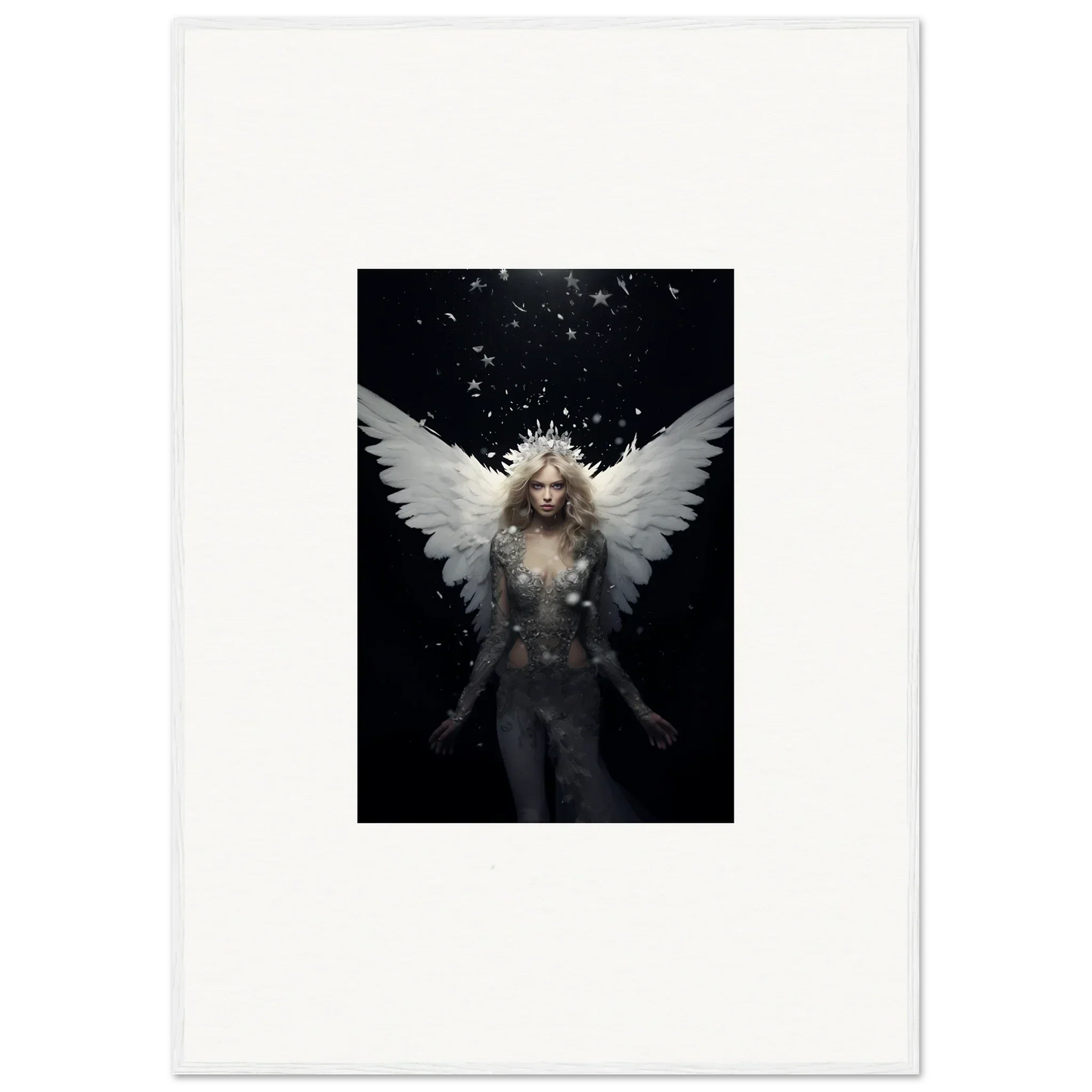 Ethereal winged figure with flowing white hair for emotion surge room decor