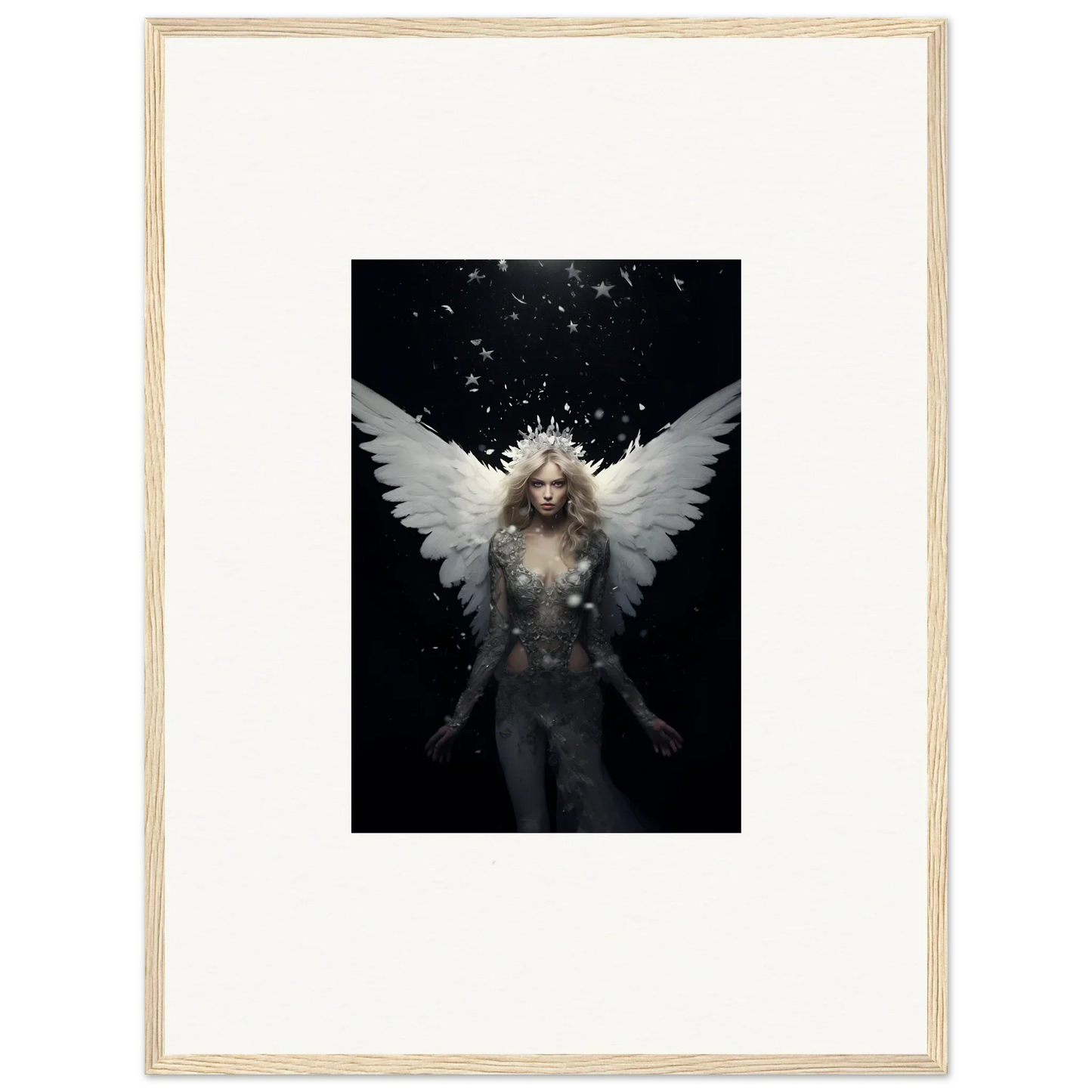 Ethereal winged figure with pale hair for emotion surge room decor framed wall art