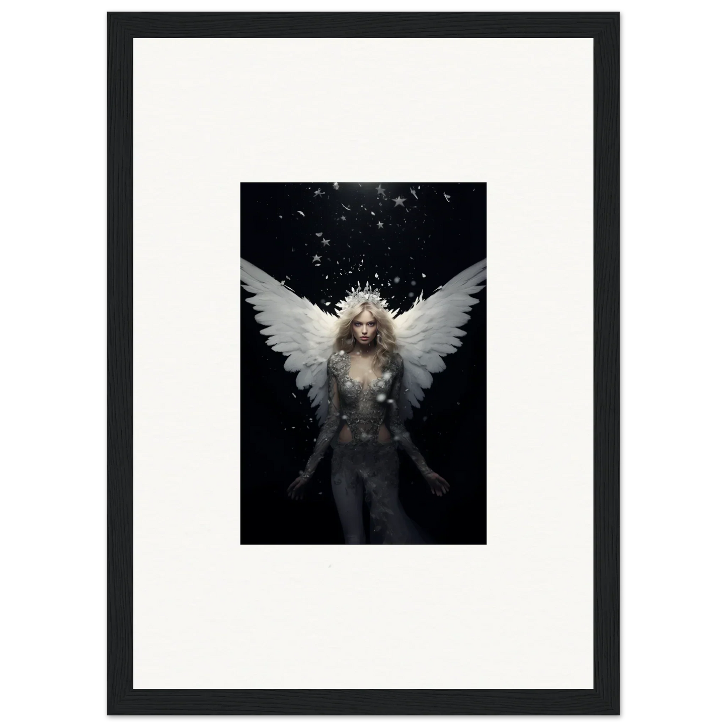 Ethereal winged figure in framed wall art for emotion surge room decor