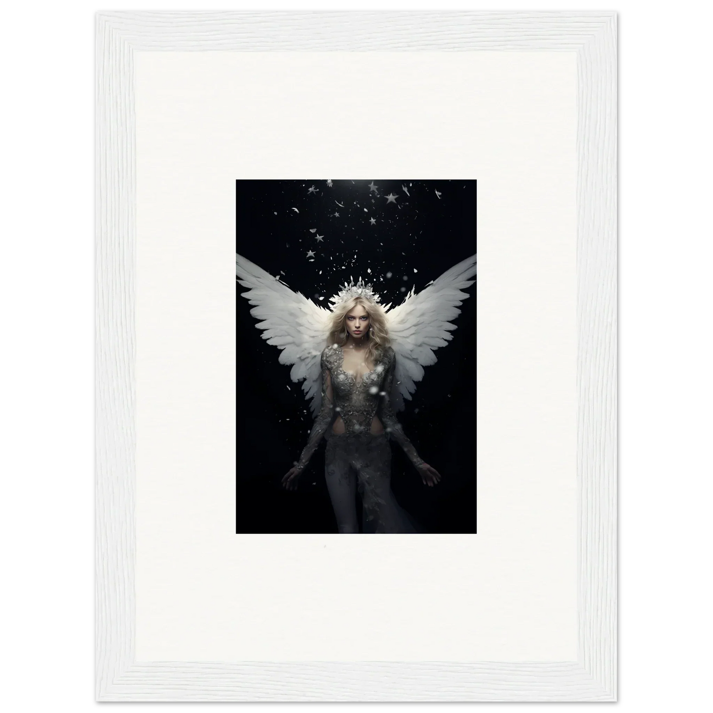 Ethereal winged figure with glowing white hair for inspiring emotion surge room decor