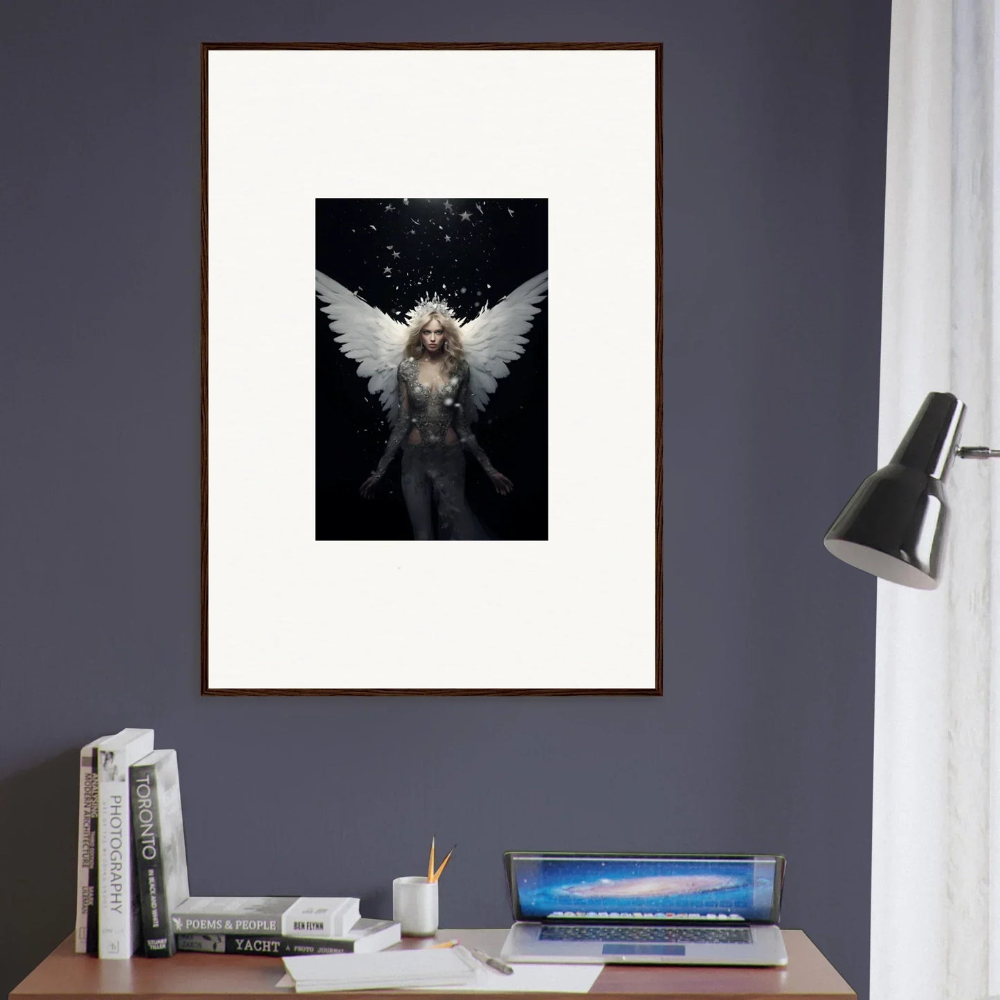 Framed wall art of an angelic figure with wings for emotion surge room decor