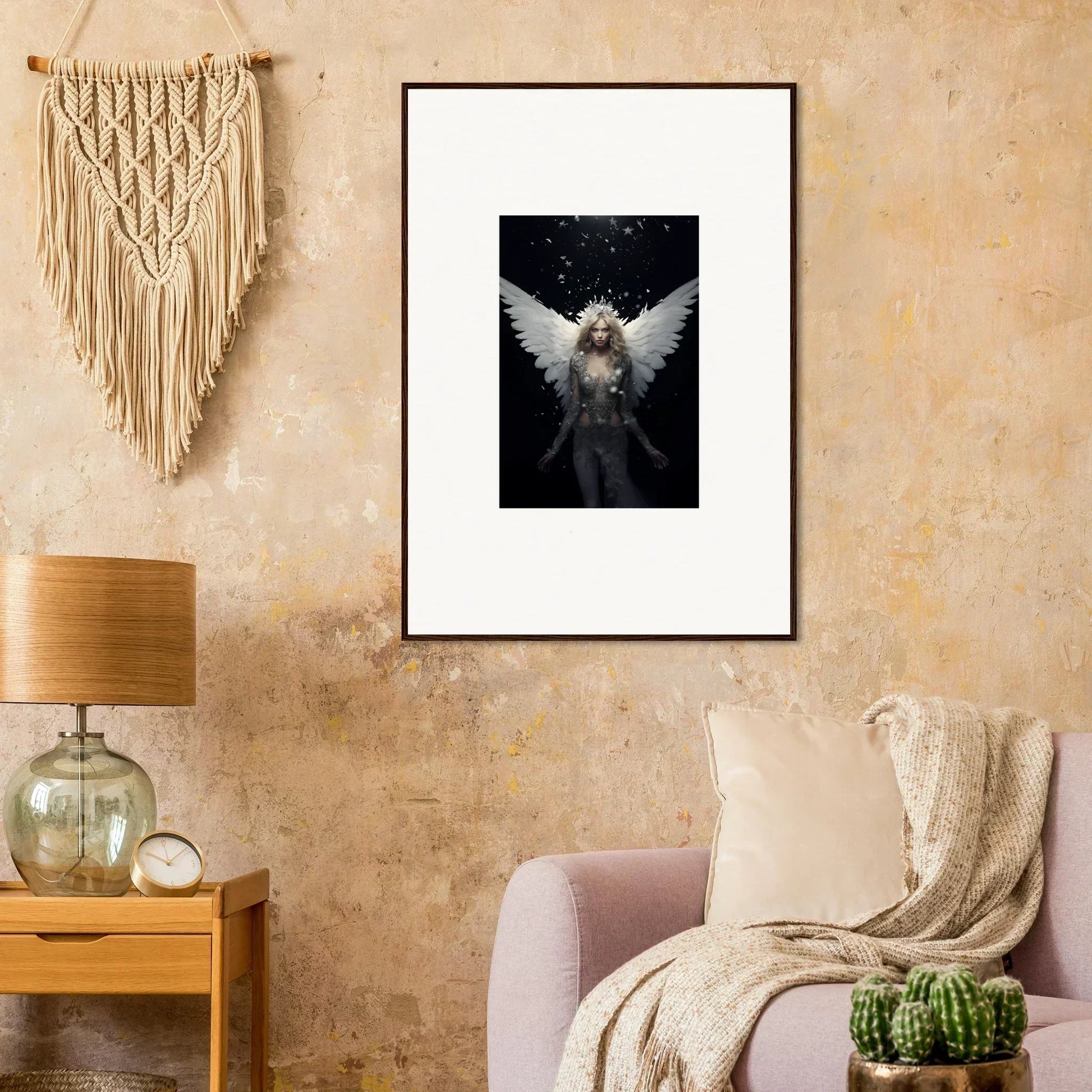 Framed wall art of an angelic figure, enhancing room decor and evoking emotion surge