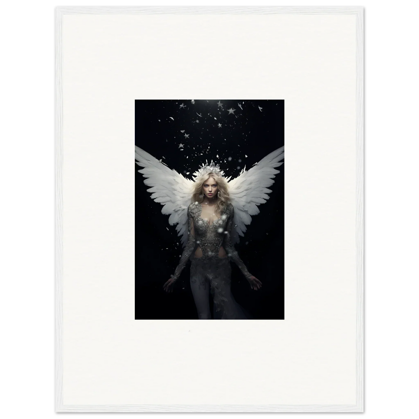 Ethereal winged figure with long pale hair, perfect for emotion surge room decor framed wall art