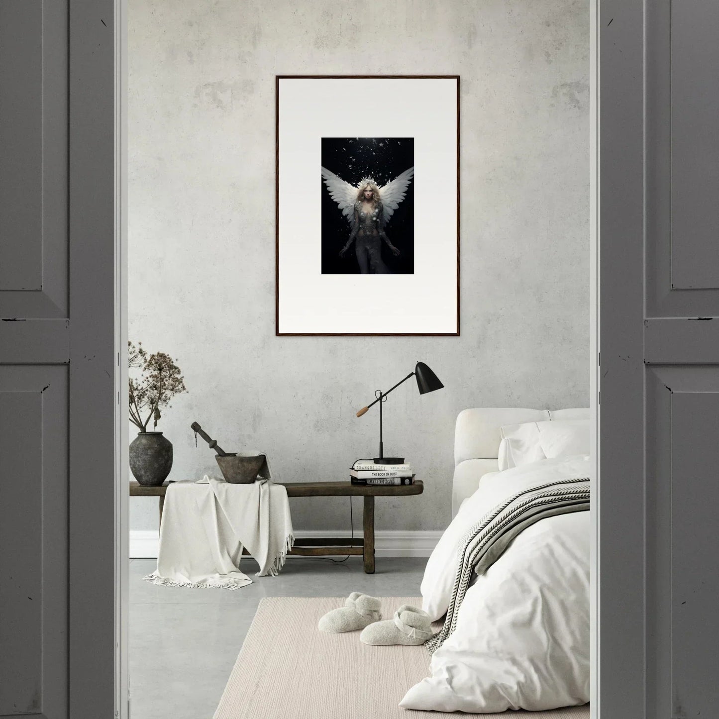 Framed black and white photograph of a figure with wings, perfect room decor for an emotion surge