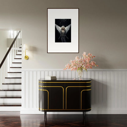 Framed black and white wall art of angelic figure symbolizes emotion surge for room decor