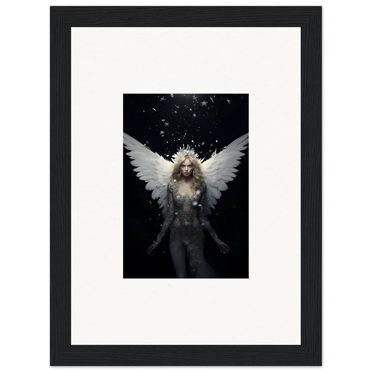 Ethereal winged figure with glowing hair for emotion surge room decor framed wall art