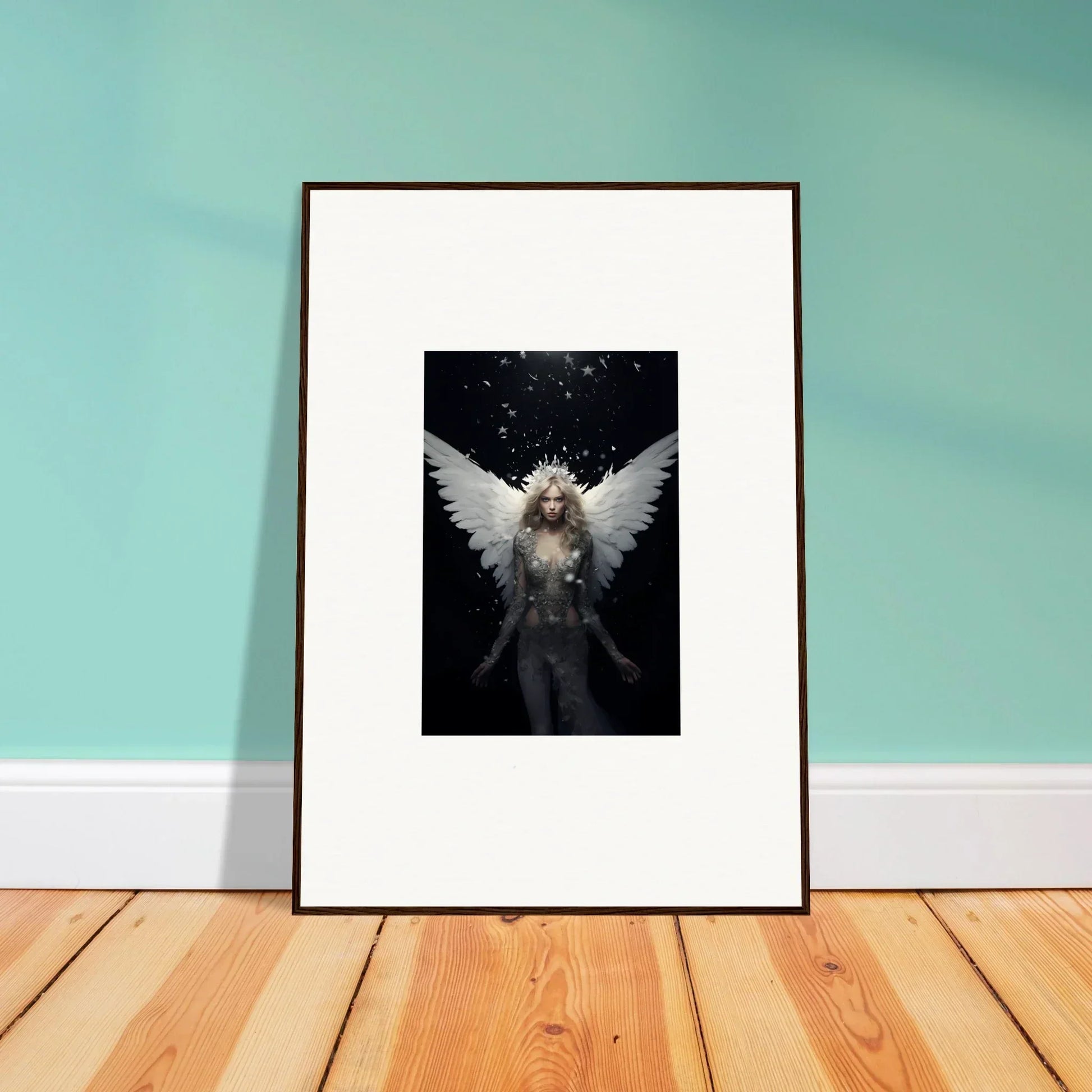 Framed wall art of an angelic figure in a starry background for emotion surge room decor