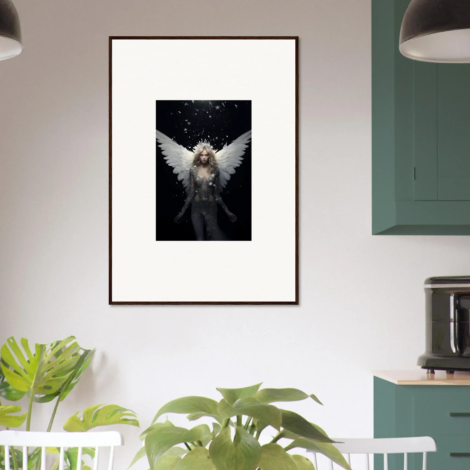 Framed wall art of a small dog with angel wings, perfect for emotion surge room decor