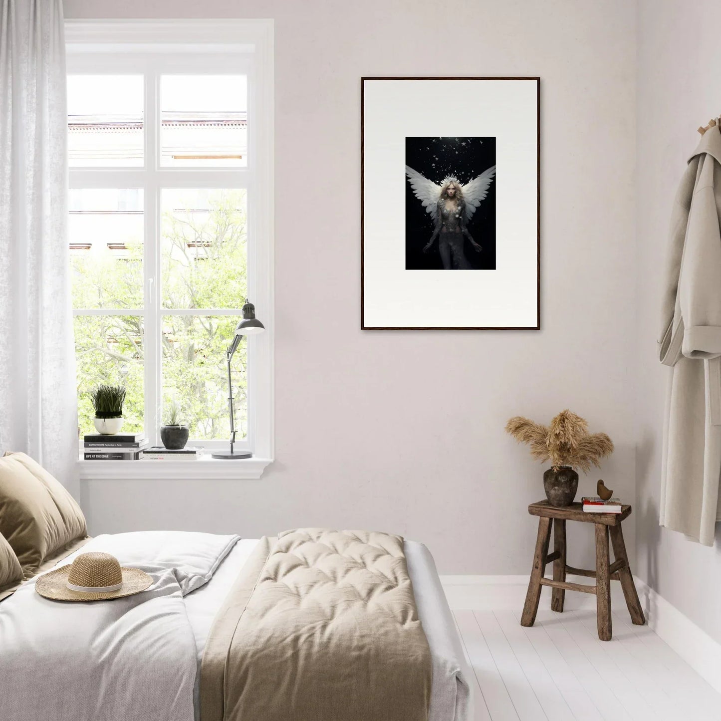 Framed black and white angel figure wall art for emotional room decor