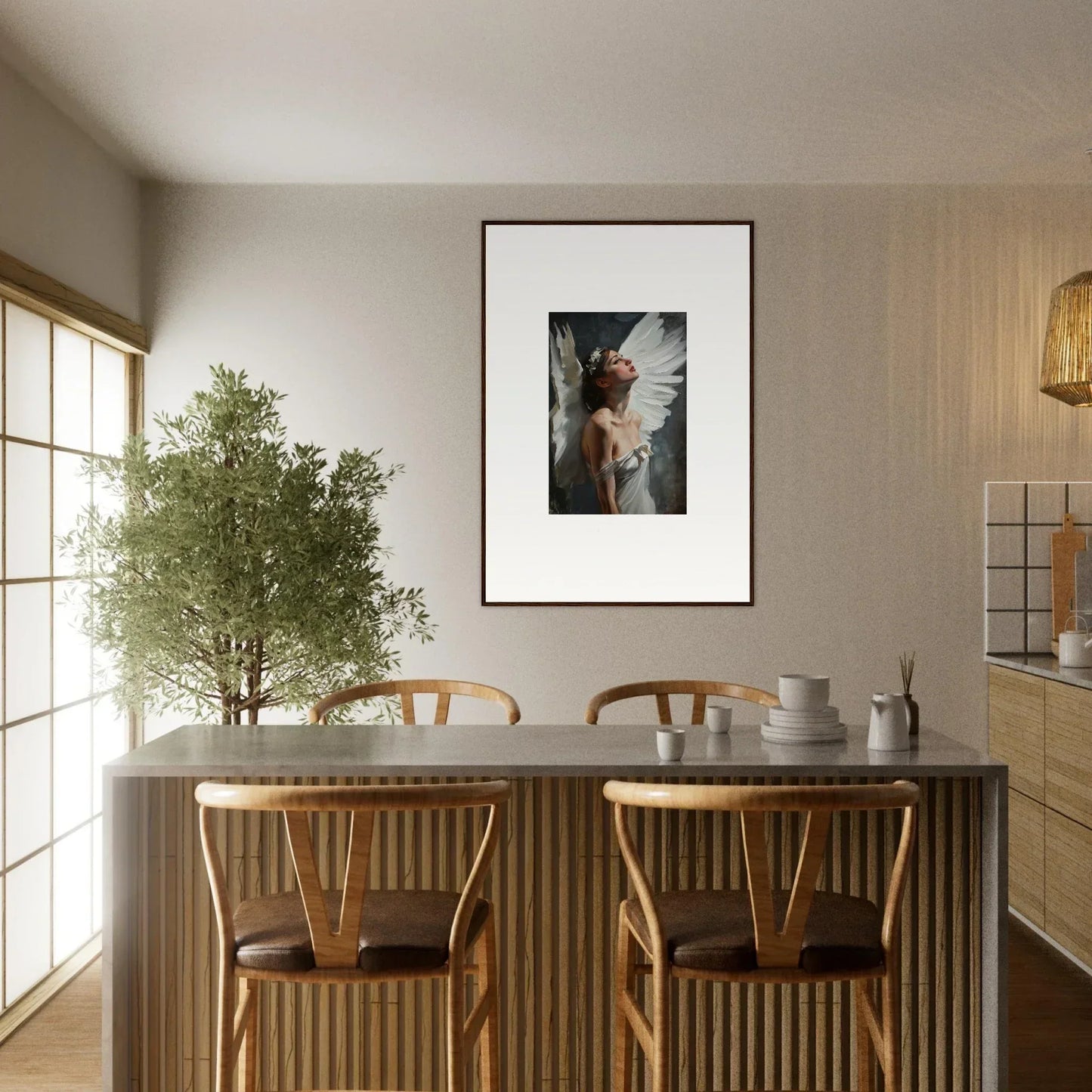 Stylish dining area with table, chairs, and canvas print for wings emergence room decoration