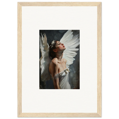 Framed canvas print of Astral Wings Emergence featuring a figure with wings and flowers