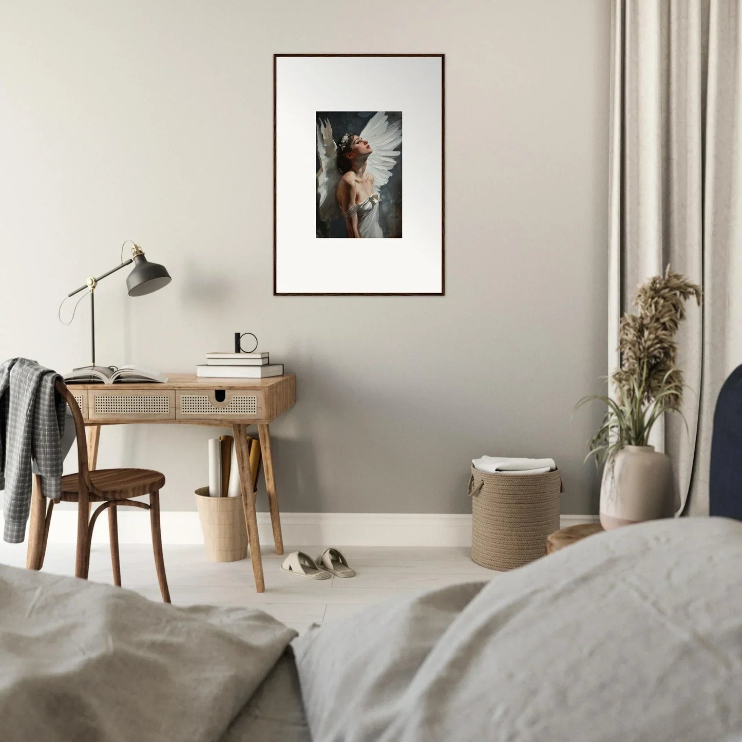 Framed Astral Wings Emergence canvas print on a light wall for stylish room decoration