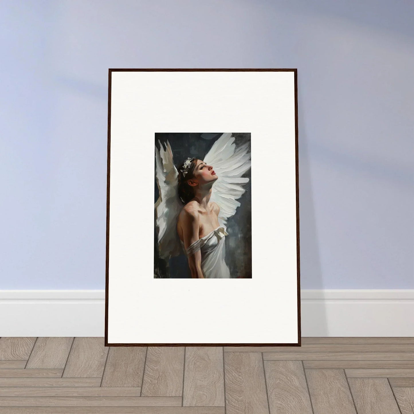 Framed canvas print of an angelic figure representing wings emergence for room decoration