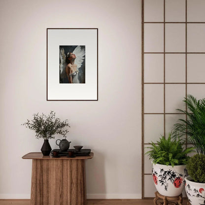 Framed canvas print of a person in white garment with wings emergence nature backdrop