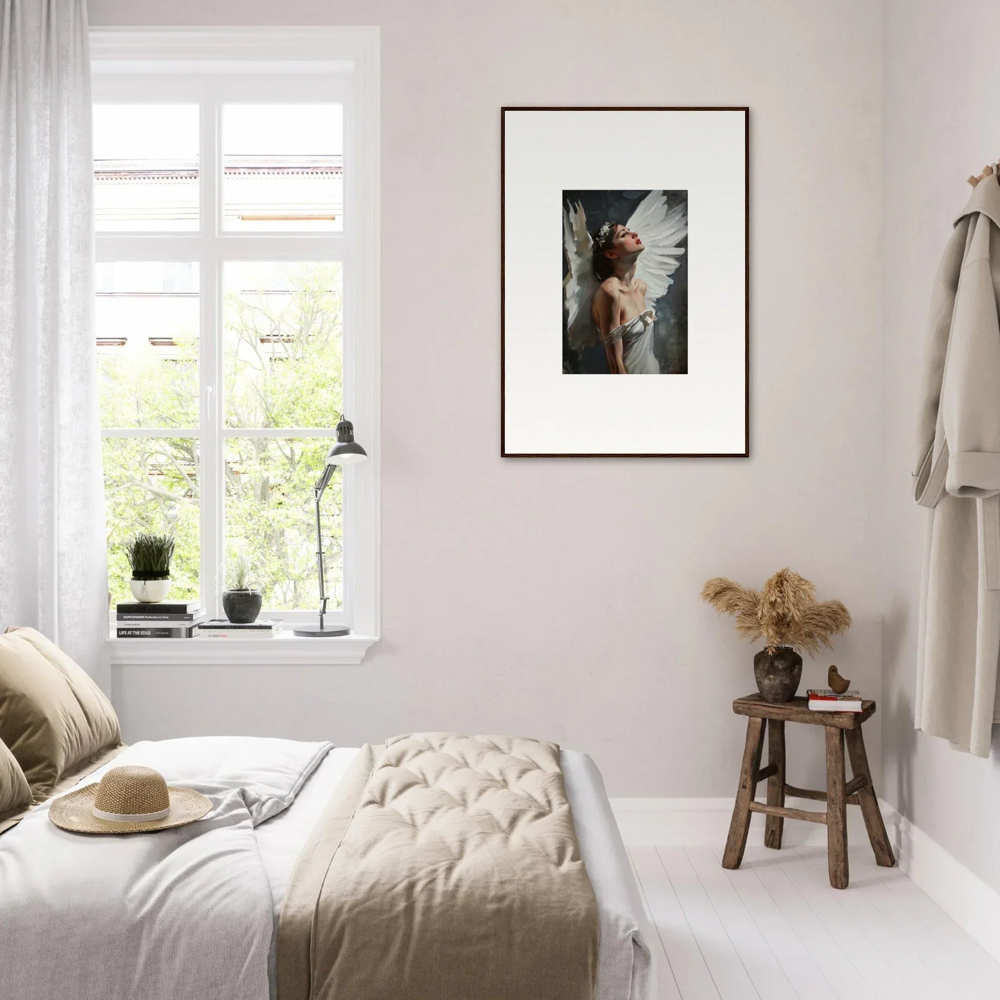 Cozy bedroom with neutral decor and a canvas print of Wings Emergence for room decoration