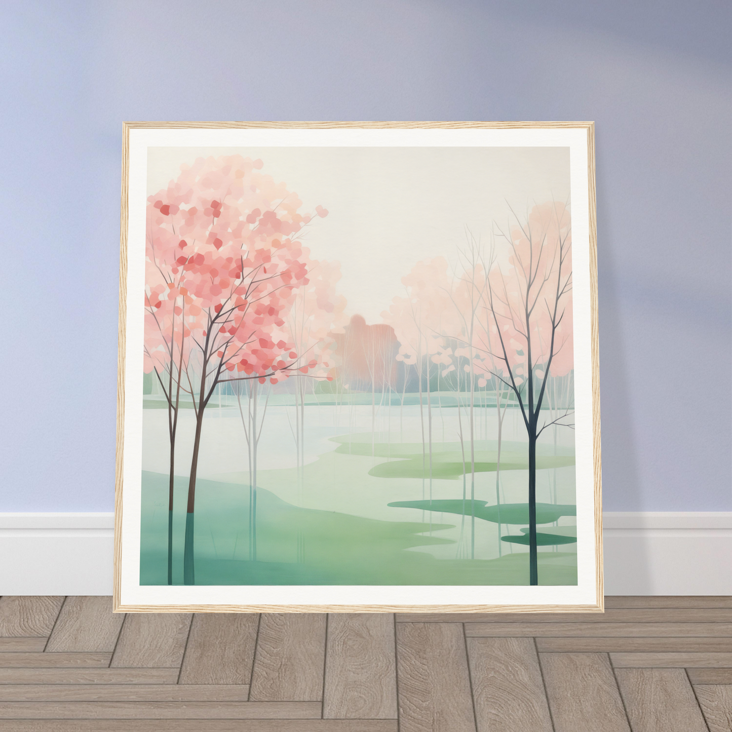 Framed watercolor painting of misty spring landscape with cherry blossoms and bare trees