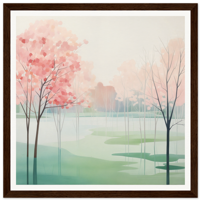 Watercolor painting depicting cherry blossom trees by a misty lake for Blossom Azul Symphony