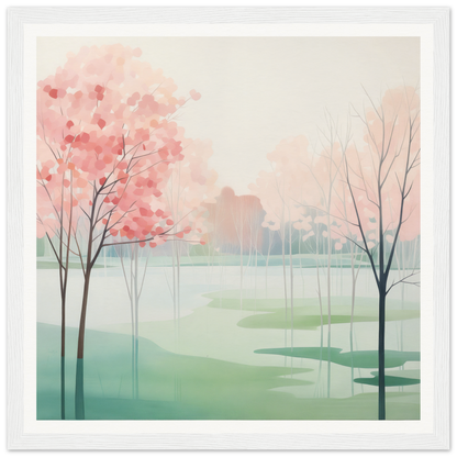 Watercolor painting of cherry blossom trees by a misty lake in Blossom Azul Symphony