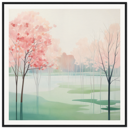 Watercolor painting of pink cherry blossoms in a misty landscape for Blossom Azul Symphony