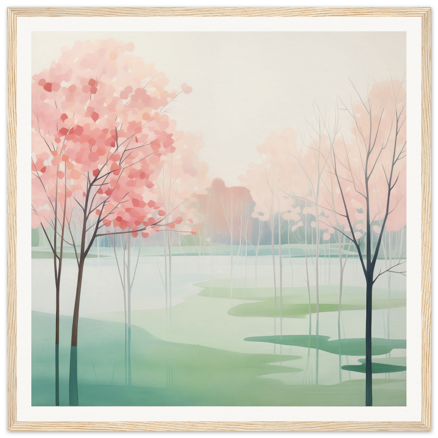 Watercolor painting of spring trees with pink blossoms by a misty lake in Blossom Azul Symphony