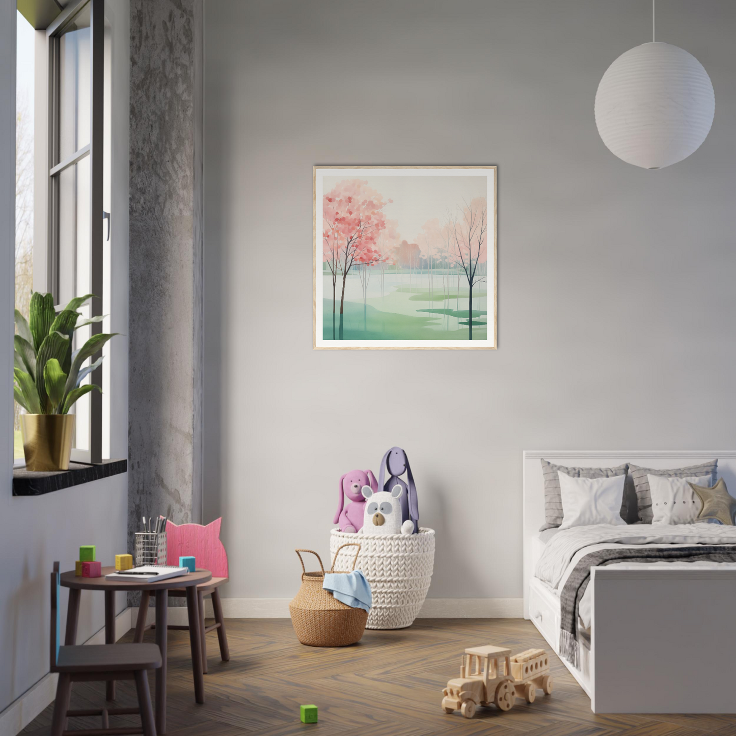 Modern minimalist bedroom featuring gray and white decor with pink watercolor print