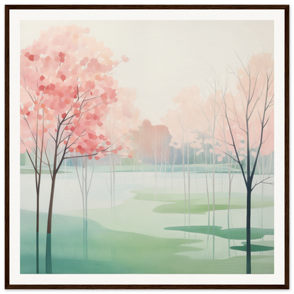 Watercolor painting of Blossom Azul Symphony featuring spring trees and a misty lake