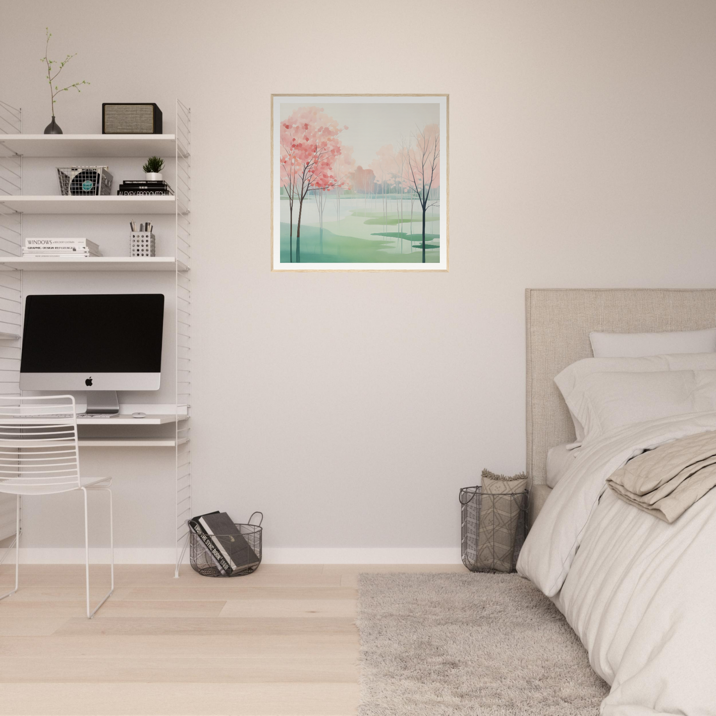 Minimalist bedroom featuring Blossom Azul Symphony with floating shelves and pastel art