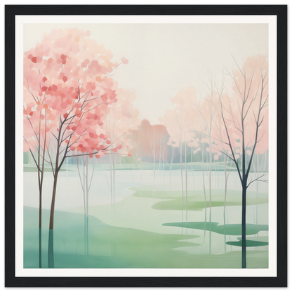 Watercolor painting of cherry blossom trees by a misty lake in Blossom Azul Symphony