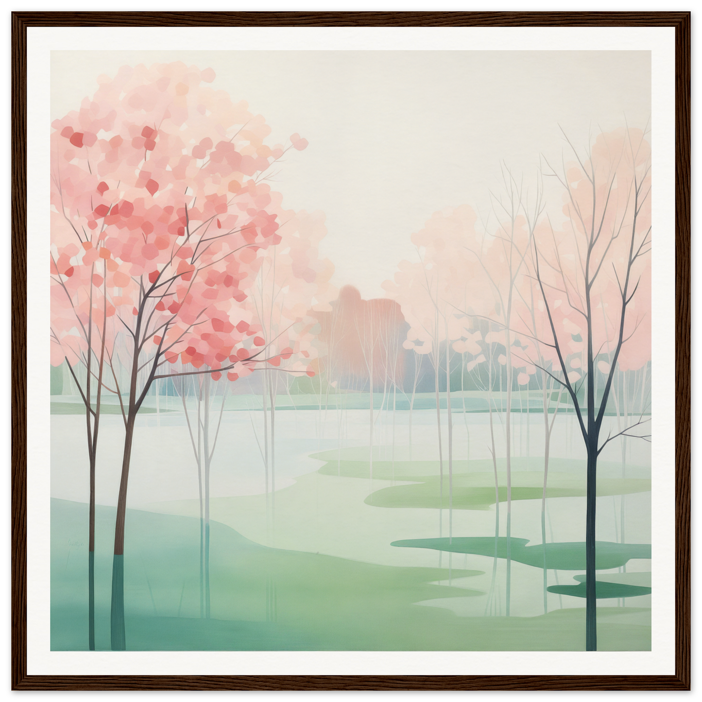 Watercolor painting of cherry blossom trees by a misty lake in Blossom Azul Symphony