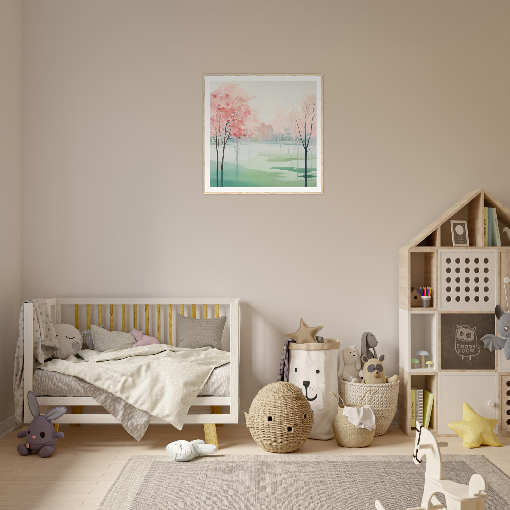 Wooden crib with gray bedding and yellow spindles in Blossom Azul Symphony design