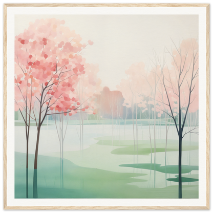 Watercolor painting of pink cherry blossoms by a misty lake in Blossom Azul Symphony