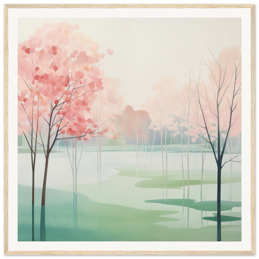 Watercolor painting of pink cherry blossoms by a misty lake in Blossom Azul Symphony