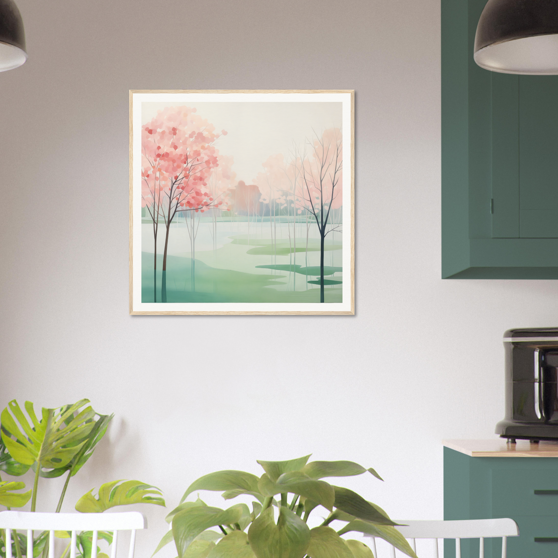 Framed watercolor painting of pink cherry blossoms near a misty turquoise lake