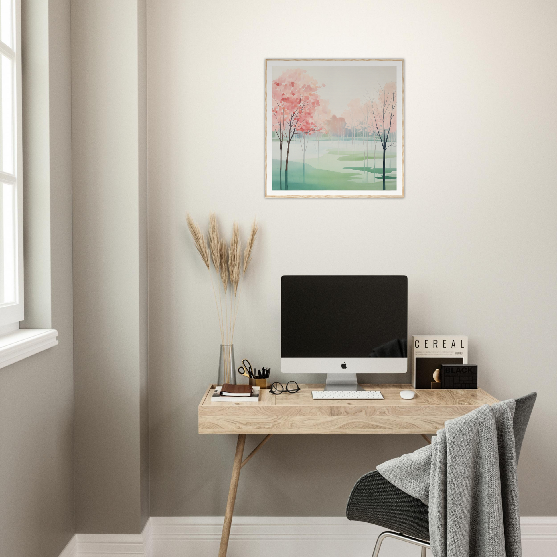 Minimalist wooden desk featuring an iMac and decorative artwork in Blossom Azul Symphony