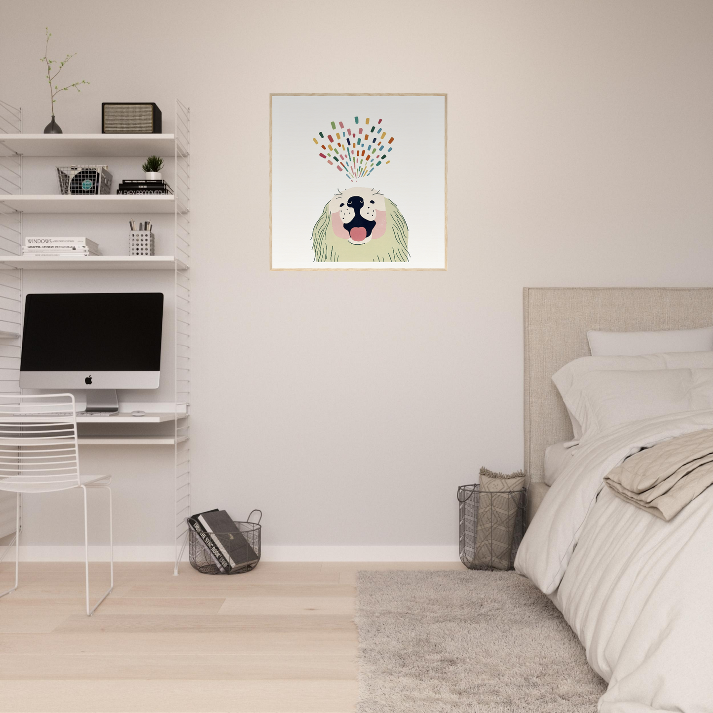 Minimalist bedroom featuring white floating shelves and whimsical dog artwork