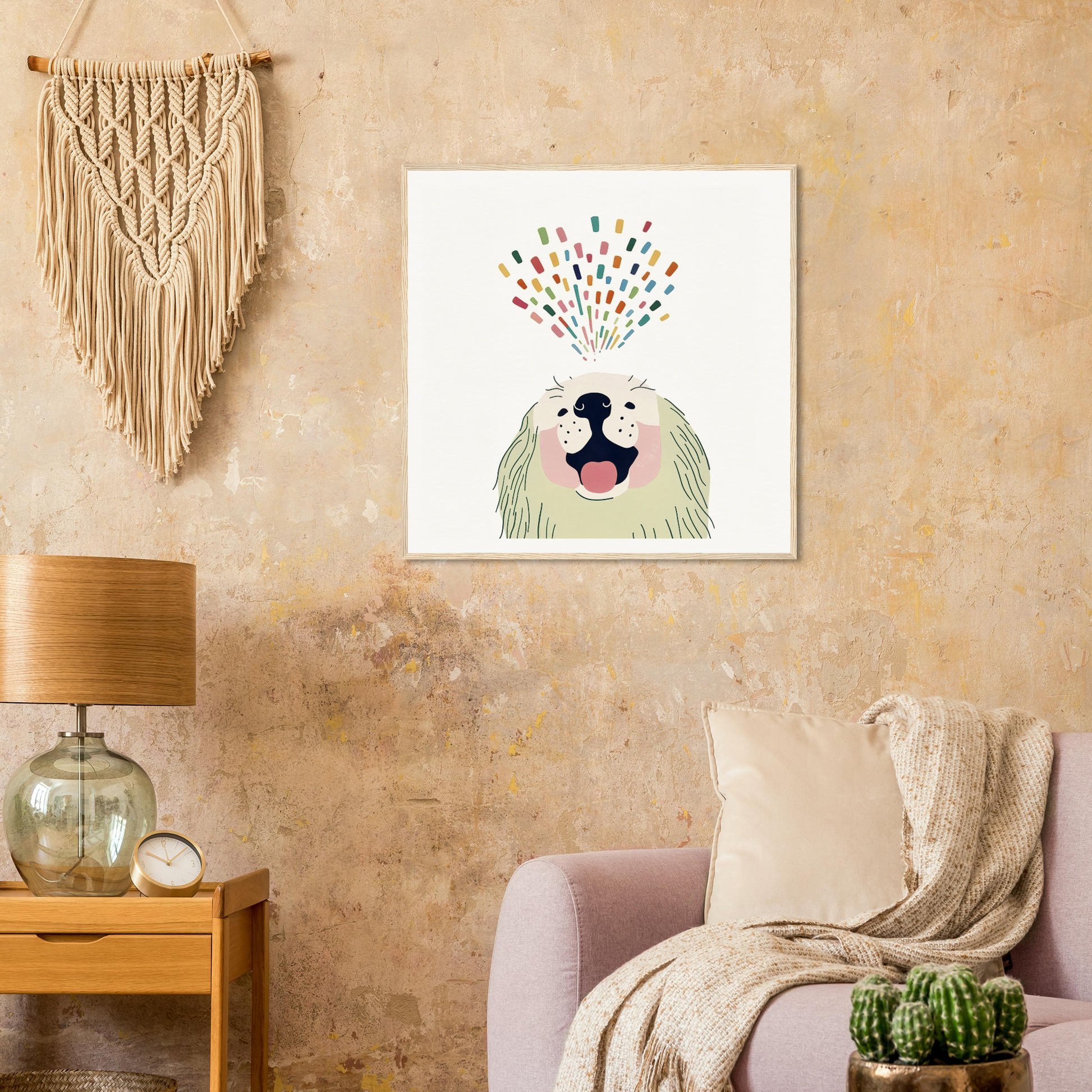 Whimsical artwork of a joyful creature with colorful droplets from its mouth