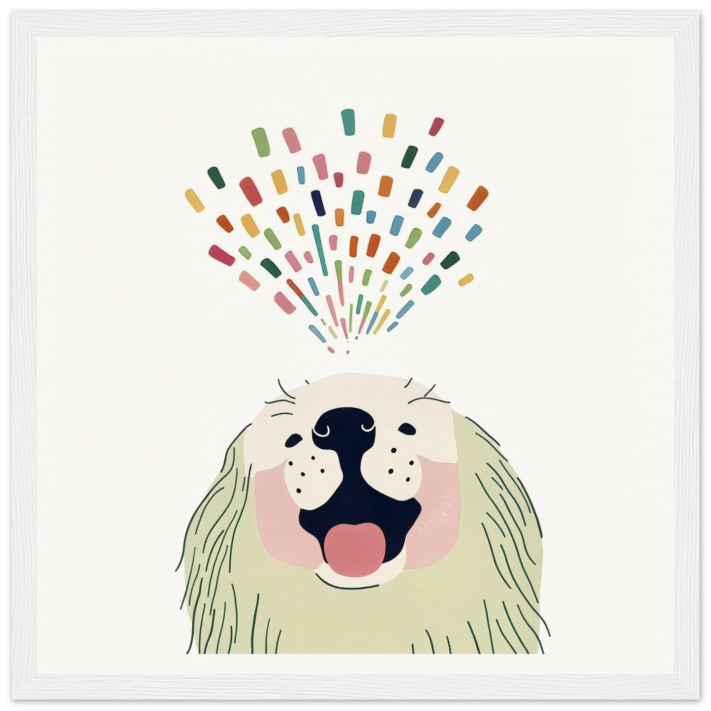 Happy dog with colorful confetti bursting from its head for Barking Burst Delight product