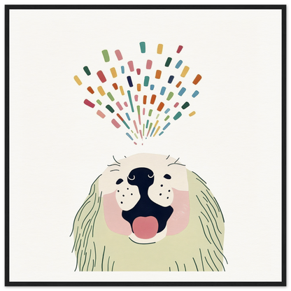 Happy dog celebrating with colorful confetti for Barking Burst Delight product